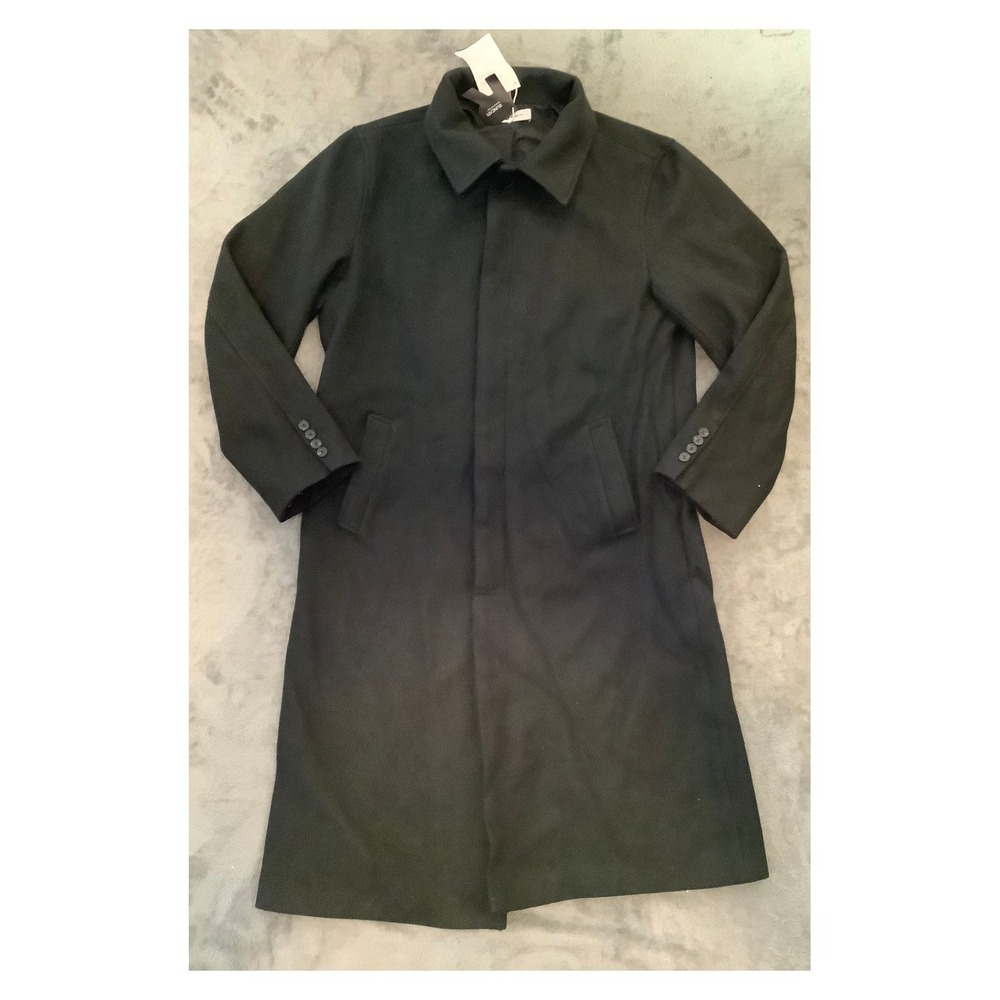 Runcati Men's XL Long Overcoat Black Hidden Button Wool-Look Jacket NWT